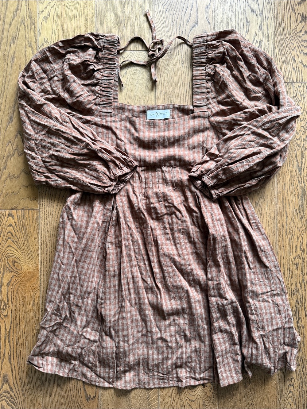 CJLA Brown Plaid Square-Neck Puff Sleeve dress